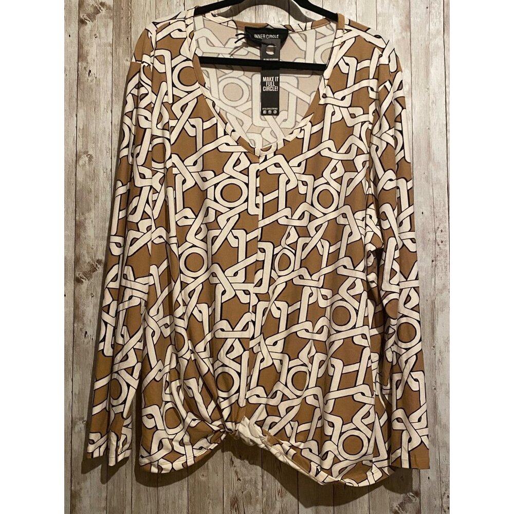 Women's Inner Circle Brown White V-neck Blouse Shirt Top Size 3X Long Sleeve